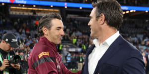 Maroons coach Billy Slater,left,and his NSW counterpart Brad Fittler during this year’s Origin series,which Queensland won.