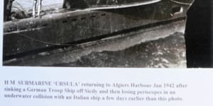 HM Submarine Ursula and its damaged conning tower after collision with an Italian ship in 1942.