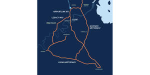 A Queensland government map showing Brisbane’s major toll roads and tunnels and the proposed Gympie Road Bypass tunnel (in light blue).