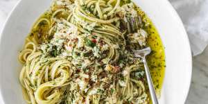 Perfect summer pasta:Linguine with spanner crab and coriander seeds.