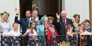 The Norwegian royal family,pictured in 2016,is headed by King Harald V (in the red tie).