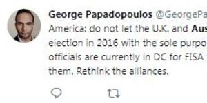 Deleted tweet from a Twitter account purportedly belonging to George Papadopoulos.