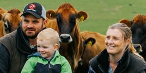 Tess Butler with her partner Ben and son Will (2 and 3/4 years old) on their dairy farm in AWest Gippsland,Victoria. 