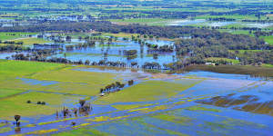  An aerial view of flooded farmland heading south from Echuca to Rochester. 