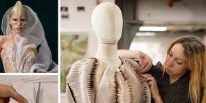 Clockwise from main:Iris van Herpen with a dress from her 2016 collection in her Amsterdam atelier;a staff member works with laser cut fabric frames;the Ananda-Maya gown features in this year’s Triennial.
