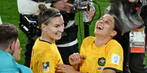 Catley and Sam Kerr share a laugh at the Women’s World Cup.