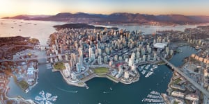 A panoramic drone view of Vancouver downtown. credit:istock one time use for Traveller only For David Whitley's third cities traveller 10