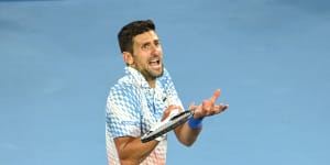 An animated Novak Djokovic on his way to another straight-sets victory at Melbourne Park.