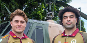 Queensland Reds stars James O’Connor and Zane Nongorr in the club’s Anzac jerseys.