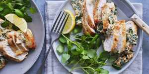 Spinach-and-ricotta-stuffed chicken breasts.