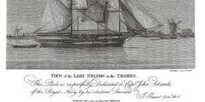 An engraving of Lieutenant James Grant’s ship,Lady Nelson,in the Thames. On it he would map parts of the southern coast of Victoria,giving Deen Maar the name Lady Julia Percy Island. 
