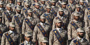 Revolutionary Guard troops attend the parade which also showcased weapons and naval military might.
