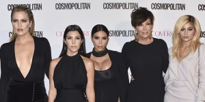 From left,Khloe,Kourtney and Kim Kardashian,Kris and Kylie Jenner arrive at Cosmopolitan magazine’s 50th birthday celebration in California in 2015.