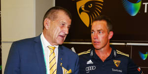 Turbulent relationship:Hawthorn president Jeff Kennett and coach Alastair Clarkson.