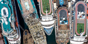 Five luxury cruise ships are seen being broken down for scrap metal at the Aliaga ship recycling port in Turkey in October,as the global coronavirus pandemic pushes the industry into crisis.