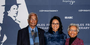 Shankari Chandran with her parents,neurosurgeon Dr Nadana Chandran and now-retired GP Dr Rathy Chandran,at the Miles Franklin award ceremony last July.