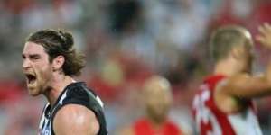 Collingwood's Tyson Goldsack celebrates a goal in the win over Sydney at ANZ Stadium.