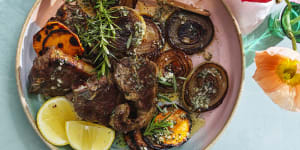 Barbecued lamb chops with sweet potato and rosemary butter.