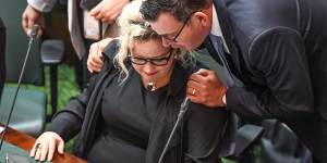 Daniel Andrews congratulates health Minister Jill Hennessy on the passing of the assisted dying bill in the lower house in October 2017.