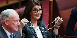 Senator Jane Hume with a necklace made from Minties wrappers during question time.