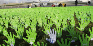 A sea of hands representing public schools that support the Gonski education reforms on display in Canberra in August 2012. 