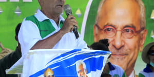 Presidential candidate Jose Ramos Horta speaks to supporters during a campaign rally of his CNRT (National Congress for the Reconstruction of Timor Leste) Party in Dili,East Timor,Tuesday,March 15,2022. East Timor is gearing up to hold its presidential election on March 19. (AP Photo/Lorenio Do Rosario Pereira)