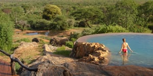 Kenya’s Sarara Camp,an amphitheatre made of craggy mountains clustered around vast sunlit plains.