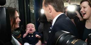Opposition Leader Tony Abbott meets with 4-month-old Sybil Taylor and Charlotte Taylor during his visit to a cafe in Malvern,Victoria.