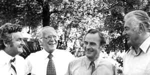 Bob Hawke,Jim McClelland,Bill Hayden and Gough Whitlam in the grounds of the Lodge on November 12,1975,the day after Whitlam’s dismissal.