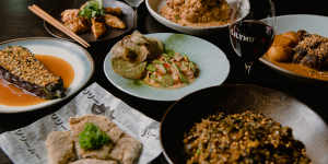 Kingfish and coconut ceviche and roasted eggplant with furikake from the Feast menu.