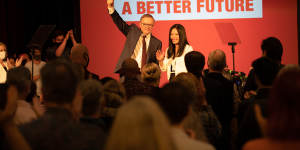Labor leader Anthony Albanese campaigns with candidate for Reid Sally Sitou.
