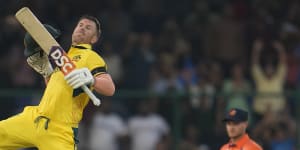 David Warner celebrates one of his two centuries during the recent World Cup.
