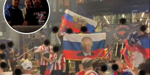 Fans wave banned Russian flags at Melbourne Park. Inset:Srdjan Djokovic.