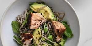 Miso salmon,soba noodle and avocado salad.