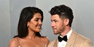 Priyanka Chopra Jonas and Nick Jonas arrive at the Vanity Fair Oscar Party.