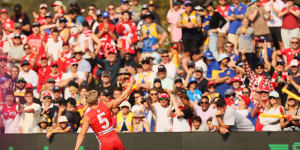 Isaac Heeney celebrates a goal during Gather Round.