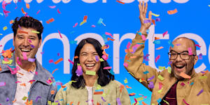 Canva co-founders Cliff Obrecht and Melanie Perkins,pictured with fellow co-founder Cameron Adams.