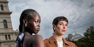 Models Abuk Yai and Clare Walker in Topshop outfits ahead of the myer runway at Melbourne Fashion Festival.