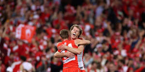 Sydney’s Jake Lloyd and Nick Blakey celebrate their preliminary final win over Collingwood. 