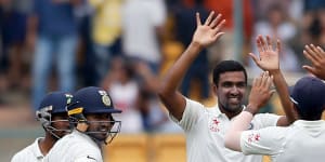 Leading wicket taker:Ravichandran Ashwincelebrates the dismissal of Australia's Mitchell Marsh.