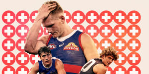 Injured AFL players George Wardlaw (North Melbourne),Adam Treloar (Western Bulldogs) and Charlie Curnow (Carlton).