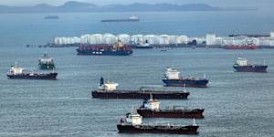 Oil tankers lining up at Singapore’s fuel refineries. 