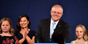 Australian Prime Minister Scott Morrison with wife Jenny and children Lily,left,and Abbey,as he claimed victory.