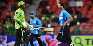 Strikers bowler Wes Agar after taking a wicket during the Thunder’s innings of 15 in December. 