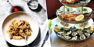 Pasta at Tipo 00 in Melbourne and a seafood tower at Armorica Grand in Sydney.