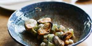 Mussel'salad'with chickpeas,dill and garlic aioli.