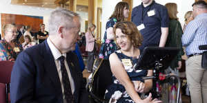 Minister for the National Disability Insurance Scheme Bill Shorten with disability advocate Gretta Serov during a morning tea to mark the International Day of People with Disability last week.