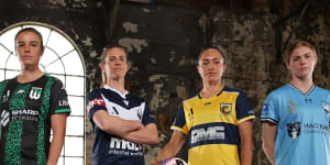 Current and former Matildas Chloe Logarzo,Elise Kellond-Knight,Kyah Simon and Cortnee Vine ahead of the start of the A-League this weekend.