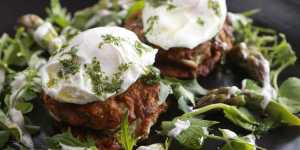 Poached eggs on zucchini and mint fritters is a go-to dish.