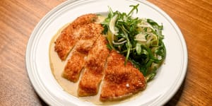 Chicken schnitzel with mustard gravy and fennel salad.